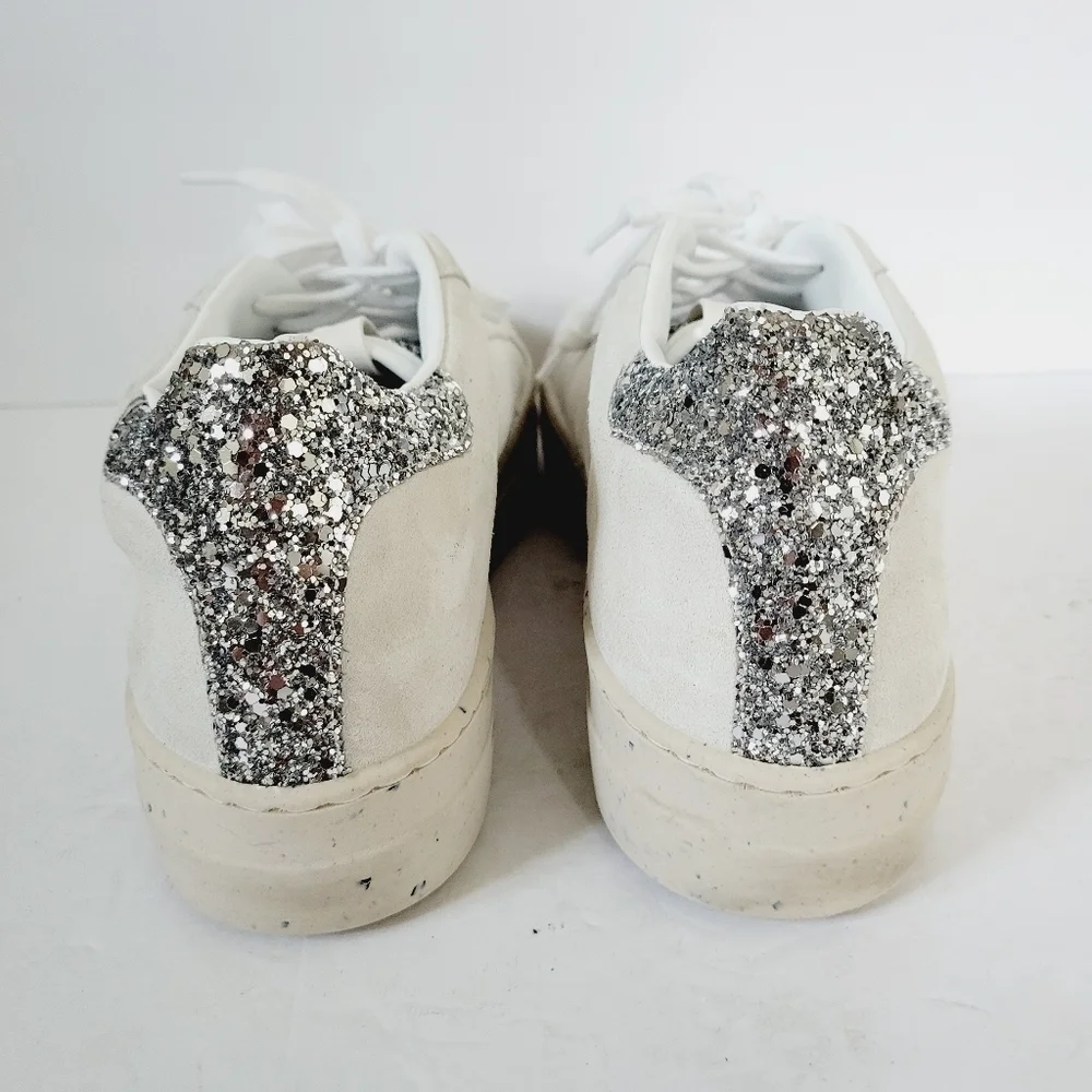 New P448 Thea White Silver Suede Sneakers ,Size 9,5-10 US